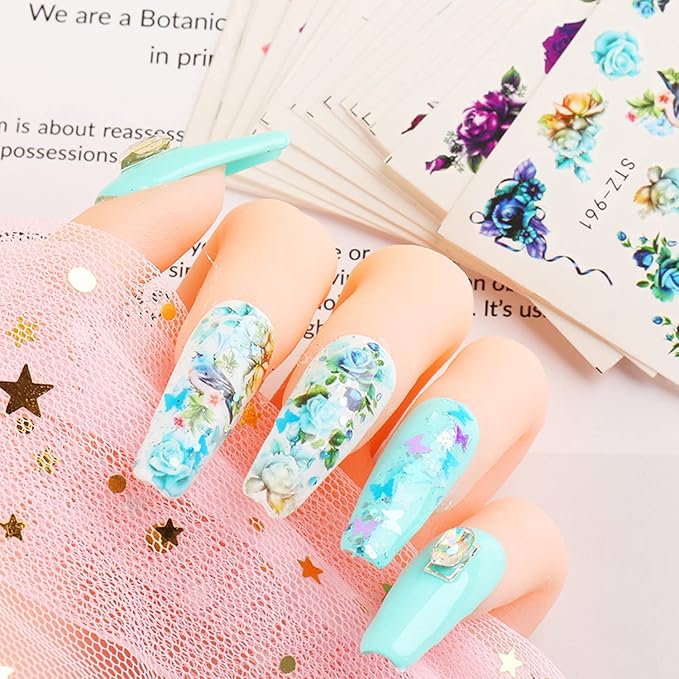 24 Sheets Flowers Nail Art Stickers Water Transfer Decals Floral Butterfly Rose Nail Art Design Nails Supplies for Women Girls Manicure Tips Decoration Holographic DIY Fingernail Charms Sticker