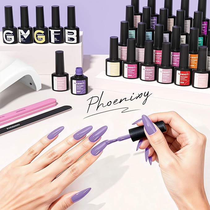 Phoenixy 66Pcs Gel Nail Polish Kit with U V Light, 50 Colors Gel Nail Kit Pink White Burgundy Glitter 5Pcs Base Top Coat Valentine DIY Manicure Starter Set for Beginners Gift for Women