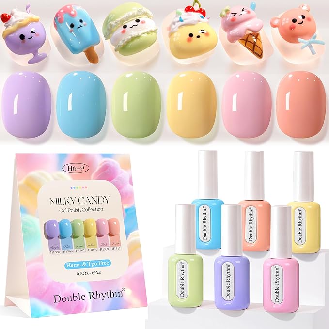 Double Rhythm 6 Pcs Hema Free Gel Polish Set 0.50 OZ Same Color Same Bottle Soak Off Neutral Natural Milky Gel Polish Kit Nail Art Manicure Salon DIY at Home (Pastel Yellow Orange-H6-9)