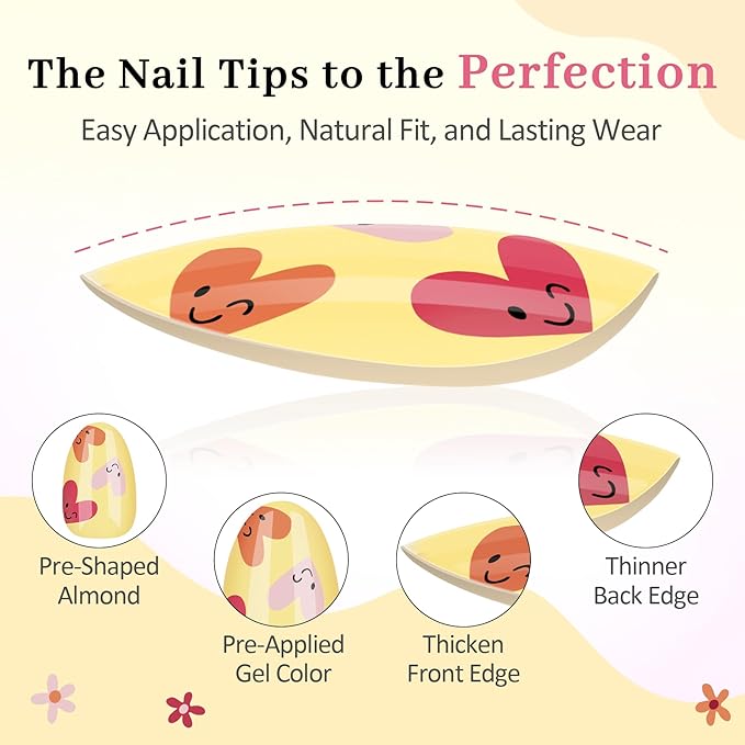 16 Sizes Press on Nails Kit for Kids - 32 Pieces French Almond Fake Nail Tips for Girls 8-12 Years Old with Jelly Nail Adhesives & No-Lamp Nail Glue, Birthday Easter Gifts (Happy Smile)