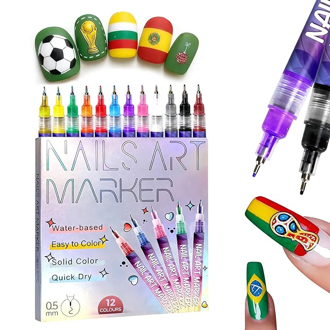 12 Colors Nail Art Pens Set, Nail Art Markers Polish Pen for 3D Nail Art, Drawing Painting Liner Brush for DIY Soccer Football Design, Manicure Tools for Nail Beauty Adornment (1 Set)