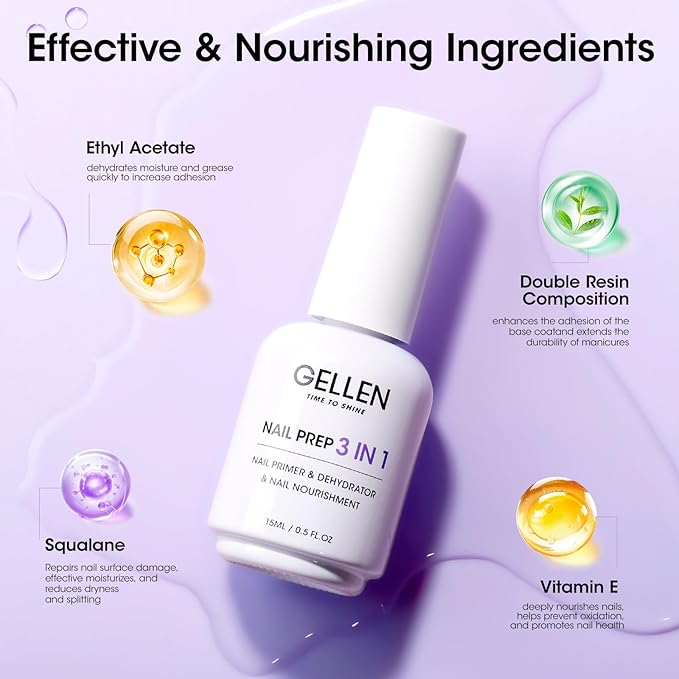 GELLEN Nail Primer and Dehydrator, 3-in-1 Acid-free Nourishing Nail Prep for Gel & Acrylic Nails, Gentle with Squalane VE Promote Health, 15ML 3s Air Dry Dehydrate Long-lasting Nails Art Supplies