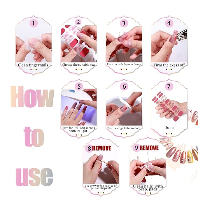 2 Sheet 32 Tips Semi Cured Gel Nail Strips Kit (Colorful Gradient) Salon-Quality Semi Cured Nail Polish Strips Stickers Solid Gel Nail Stickers Full Nail Wraps With Nail File & Wooden Stick