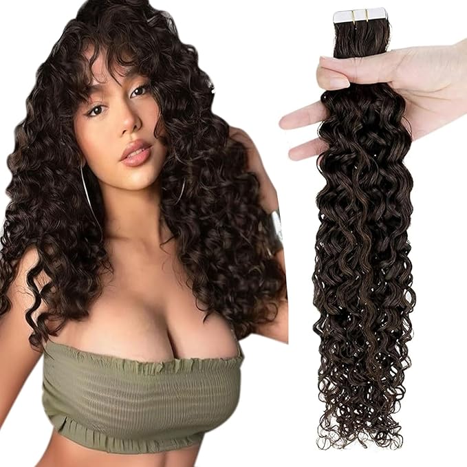 RUNATURE Curly Tape in Hair Extensions Human Hair, Natural Wave Curly Human Hair Tape in Extensions for Women, Seamless Hair Extensions Tape ins Remy Hair, #2 Dark Brown 18 Inch 50g 20pcs