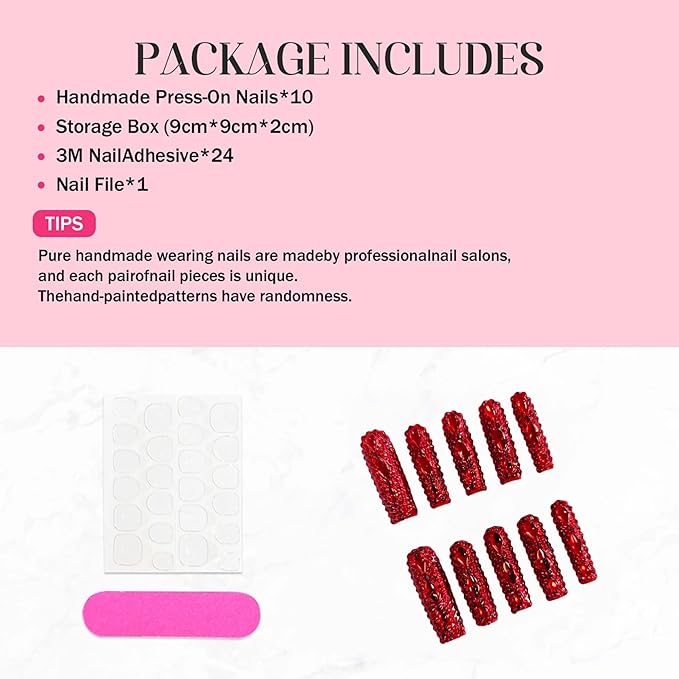 Extra Long Press on Nails Handmade Square Fake Nails Sparkly Red Rhinestones Full Cover False Nails with Designs Luxury Reusable Artificial Stick on Nail for Women Manicure 10Pcs(Size M)