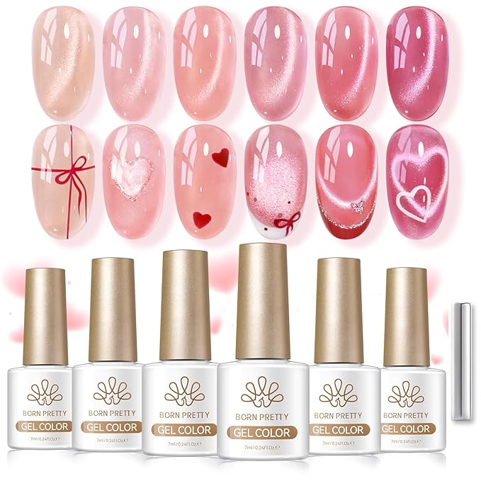 Born Pretty Pink Cat Magnetic Eye Gel Nail Polish Jelly Nude Soft Rose Pink Crystal Glass Magnetic Shimmer Glitter Nail Polish Salon Gel Manicure and Nail Art DIY at Home 7ML 6PCS