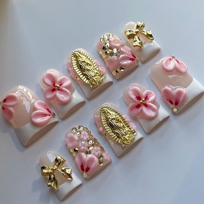 Handmade Press on Nails Short Duck Shaped Fake Nails White French Tip Muti-Layer Gel Fake Nails 3D Rhinestones Bow and Flower Designs Thick False Nails Full Cover Stick on Nails for Women (Size M)