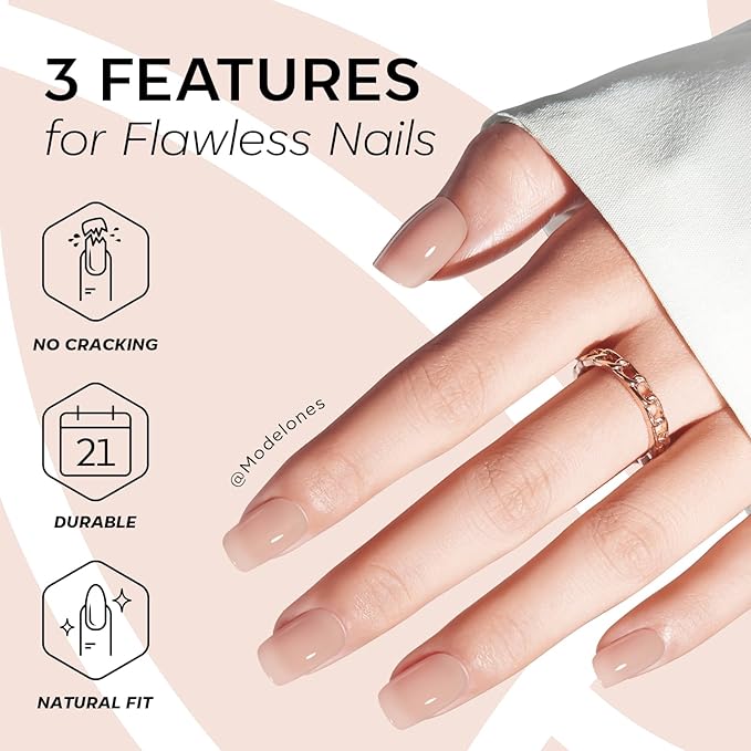 Modelones Sheer Greige Press on Nails, Short Square Fake Nails, Semi-Transparent Reusable Nail Kit with Nail Glue Adhesive Tabs Mini Nail File, Nails Press Ons 32Pcs16 Sizes, Women Girl Gift