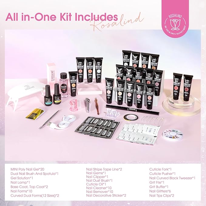 ROSALIND Light Pink Nude Poly Nail Gel Kit 0.34 oz/10 ml - 20 Colors White Brown Poly Extension Gel with Mini U V Lamp Builder Nail Gels Starter Kit with Nails Forms Base Coat Coat Beginners Set