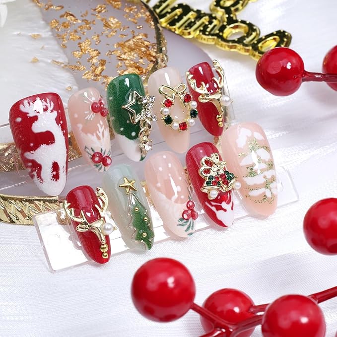 30Pcs Christmas Press on Nails Medium Almond French Fake Nails with Gold Elk Bell Star Rhinestones Design 3D Xmas Trees False Nails Full Cover Artificial Glue on Nails Winter Stick on Nail for Women