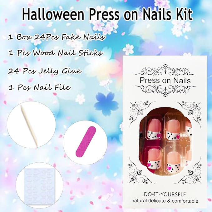 Valentines Day French Tip Press on Nails Short Square Valentine’s Day Nails with Heart Spot Designs Acrylic Fake Nails Glossy Artificial Nails White Nails Tips Glue on Nails for Women Girls 24Pcs
