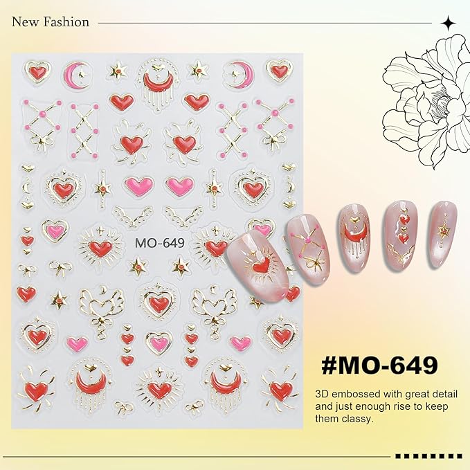 3 Sheets Valentines Nail Stickers for Nail Art Gold Baroque Jewel Red Blue Pink Heart Love Moon Bow Designs 5D Embossed Self Adhesive Nail Decals for Women DIY Manicure Decoration YX1237