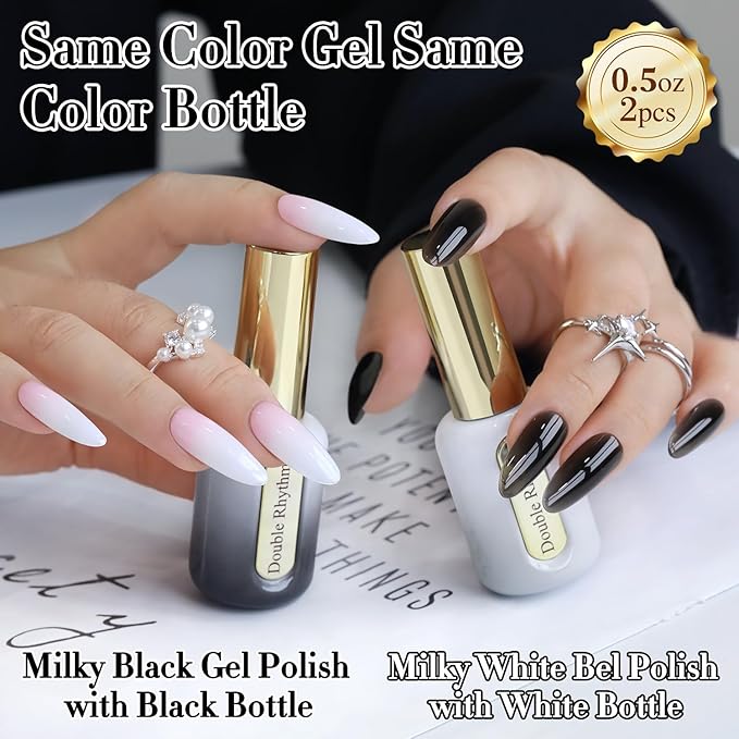 Double Rhythm 2 Pcs 0.50 OZ Gel Polish Hema Free Same Color Same Bottle Translucent Neutral Natural Milky 15 ML Jelly UV Polish Art DIY at Home (Black White-C1366+C1367)