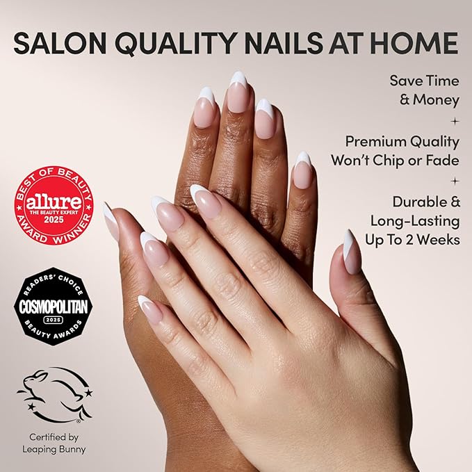 Glamnetic Press On Nails - MaDamn Fake Nails | French Tip Nails, UV Finish Short Pointed Almond Shape, Salon Quality Semi-Transparent Nails in 12 Sizes - 24 Nail Kit with Glue