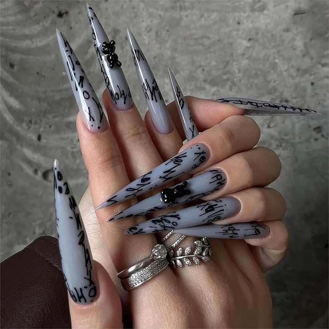 Extra Long Press on Nails Stilitto Long Tip Fake Nails Glossy Full Cover Acrylic False Nails with Designs Glue on Nail Almond Shape Stick on Nails for Women and Girls 24 Pcs