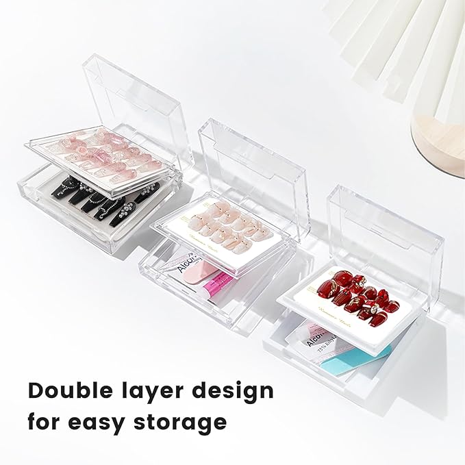 Daily Treasures 10Pcs Press on Nail Boxes, Double Layer Press on Nail Storage, Transparent Acrylic Press on Nail Case with Tape and Storage Bags for Fake Nail,Nail Display