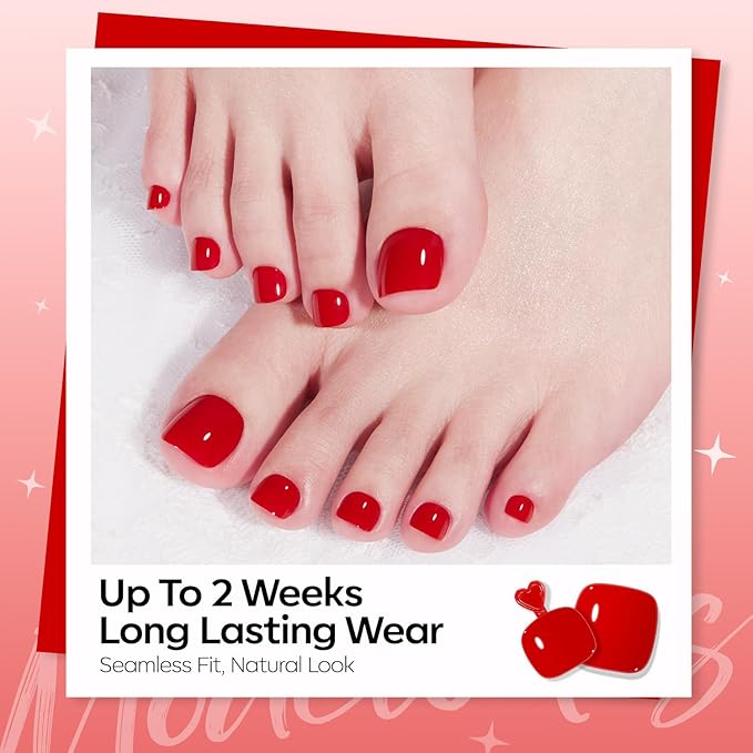 Modelones Press on Toenails Short, Red Toe Press on Nails Square, Reusable Nail Kit with Nail Glue Adhesive Tabs Mini Nail File, Toe Nails 36Pcs 18Sizes, Spring Women Girl Gift