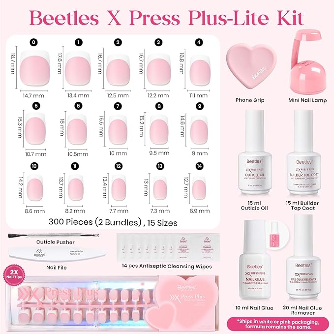Beetles Press On Nails Kit - 300Pcs Short Square French Tip Press On Nails, 15Sizes Pink French Nail Tips with Nail Glue & Remover, Builder Top Coat Nail, Lamp,All-in-One DIY Spring Gift for Women