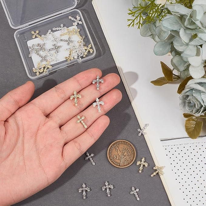 CRASPIRE 30Pcs 6 Styles Cross Nail Charms 3D Y2K Luxury Nail Gems Set Metal Alloy Rhinestone Pearl Flat Gothic Vintage Punk Studs Decor for Women Nail Art DIY Crafts Jewelry Christmas Decor Cellphone