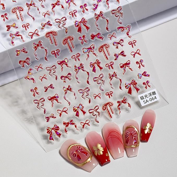 1Sheets Aurora Bow Nail Stickers 5D Embossed Valentines Nail Art Stickers Self Adhesive Cute Nail Decals Red Ribbon Bow Nail Supplies Wedding Sticker Decorations for Women DIY Valentines Manicure