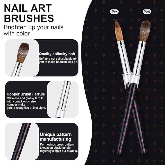2Pcs Acrylic Nail Brushes Set, 100% Pure Kolinsky Size 12 Nail Art Brush & Small Clean Up Brush, Art Design & Polish Mistake Cleaning Manicure Tools for Women Acrylic Application