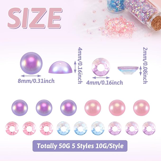 Flatback Resin Pearls Rhinestones Mermaid Nail Gems AB Color Faux Pearl Beads Rhinestone Cabochons Iridescent Nail Tooth Face Gems for Nail Art Jewels Makeup Decoration