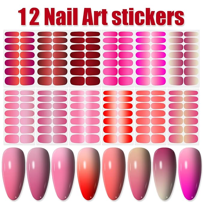 WOKOTO 12 Sheets Red Pink Gradient Nail Stickers Full Nail Wraps For Women, Solid Ombre Design Nail Gel Stickers For Nails Polish Strips With Nail File Kit, Gel Nail Strips Press On Nails Polish Wraps