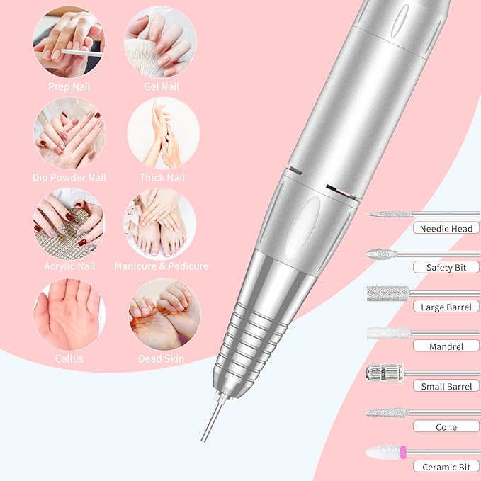 Portable Nail Drill Professional 35000 RPM, Rechargeable Electric Nail File Machine Cordless E-File for Acrylic Gel Polishing Removing with Bits Kit for Manicure Salon Home, Pink