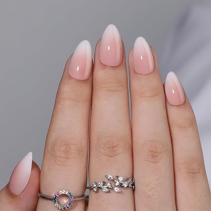 Press On Nails - Cappuccino | Ombre Design French Tip, UV Finish Almond Nails, Salon Quality | 32 Nails, 16 Sizes Kit with Glue and Adhesive Tabs I Female Founded