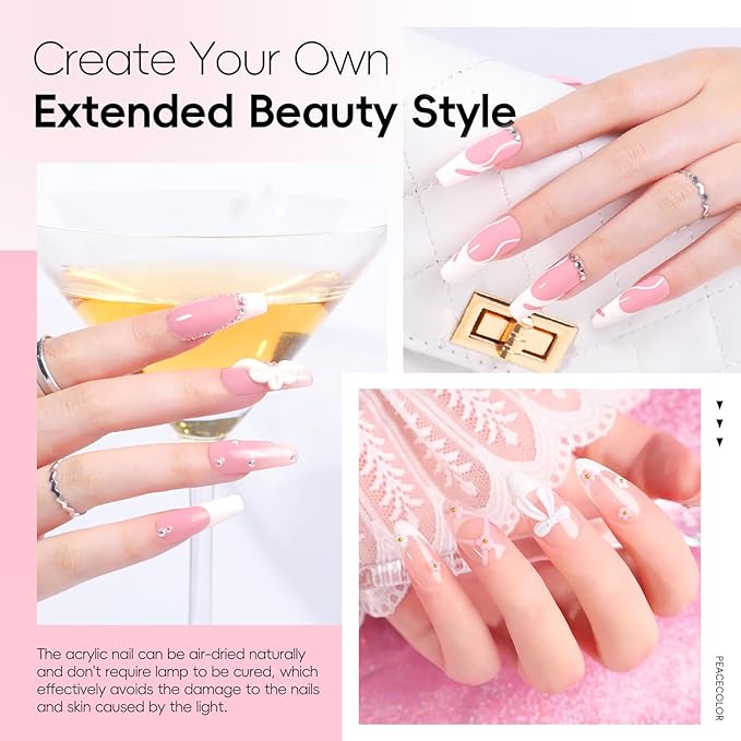 Peacecolor Acrylic Nail Kit ,Clear White Pink 15g Acrylic Powder and 60ml Liquid Set Brush Forms Cuticle Oil Pen Tools Manicure Nails Kit Acrylics Set for Beginners Gifts DIY Salon Home