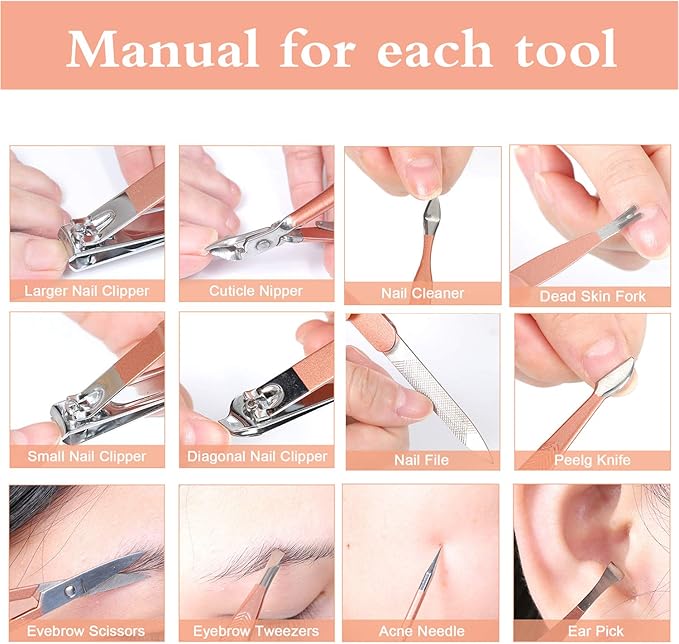 Professional Manicure Pedicure Set 12in1 Nail Care Kit with Stainless Steel Nail Clippers Cuticle Trimmer Grooming Manicure Pedicure Tools for Women Ultra Sharp Sturdy Personal Care Tools Travel Case
