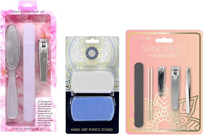Earth & I 11 Pcs Pink Manicure Pedicure Kit, Mani Pedi Kit for Women, Nail Clippers for Ingrown Toenail, Heel Scrubber, Callas Remover for Feet, Foot Pumice Scrubber, Nail File Buffer, Nails Clippers