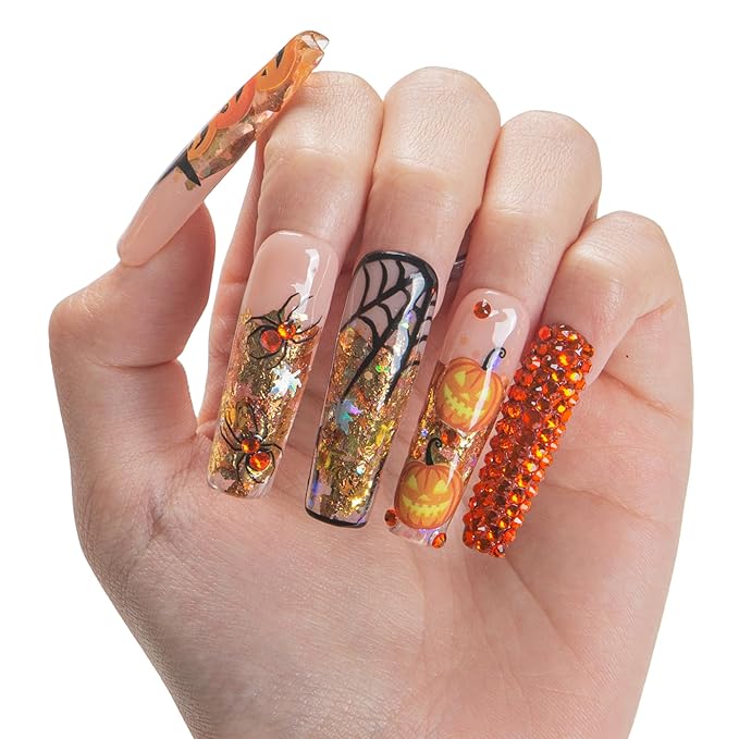 Lovful Halloween Press On Nails Pumpkin Party | Mid Length Handmade Acrylic Press ons | Reusable Fake False Nails | Square Mid length 1.7in | H661-M