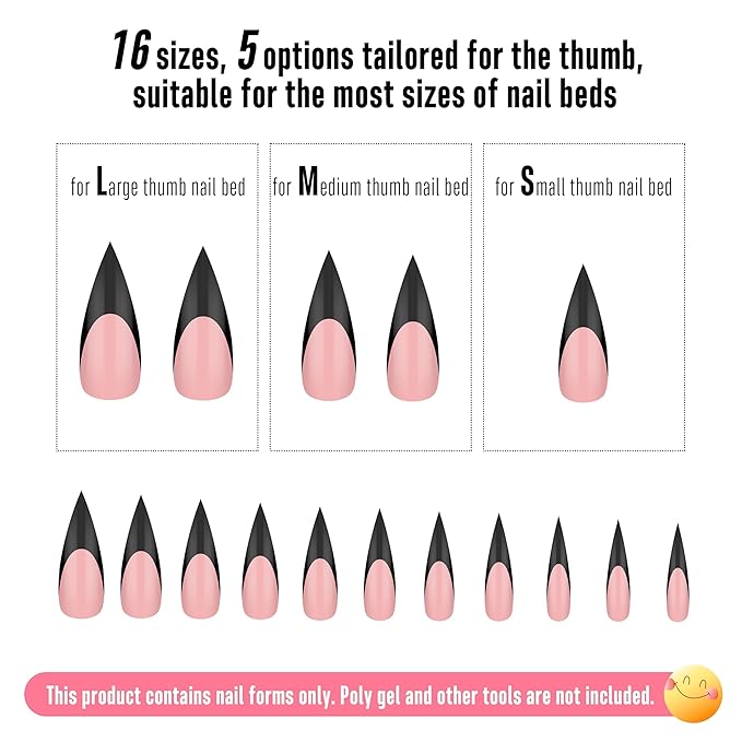 NOVO OVO Black French Tip Sharp Stiletto Pointed Medium Long Nail Tips Press on Baby Pink, Soft Gel Fake Acrylic Extension, Full Cover False Nails for Salon DIY x 16 Sizes 160 pcs