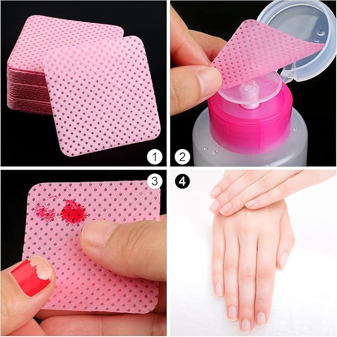 600 PCS Lint Free Nail Wipes,Non-Woven Fabric Nail Cleaning Pads Lash Extensions Glue Cleaning Wipes,accompanied by 1 Empty Pump-Style Bottle Dispenser Nail Care Set (Pink)
