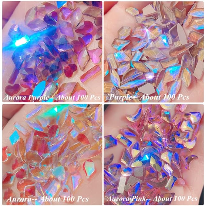 600 Pcs Flatback Rhinestones Set Aurora Crystals for Nails Gems for Crafts Mixed Shape Colored Nail Rhinestones Nail Stones 3D Nail Charms for Nail Designs (Colorful)
