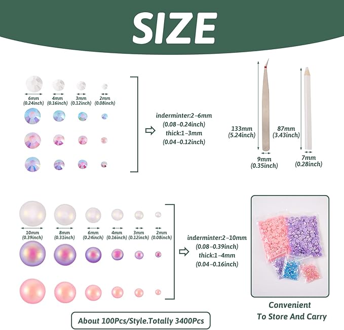 3400Pcs Flatback Resin Pearls Rhinestones, Mermaid Nail Gems AB Color Faux Pearl Beads Rhinestone Cabochons with Pickers Pen Tweezers for Nail Art Makeup