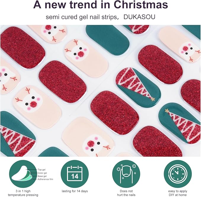 Semi Cured Gel Nail Strips,28 pcs Christmas Nail Stickers for Women,Long Lasting Gel Strips with Any UV Light,Red Green Christmas Sticker for Nails Easy to Apply