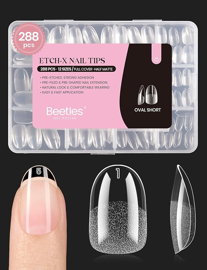 Beetles Gel Nail Tips Short Oval Fake Nails 288Pcs Pre-Shaped Half Matte Press on Nail Tips Full Cover False Nails Gifts for Girls Women Gelly Tips Home DIY Nail Extension
