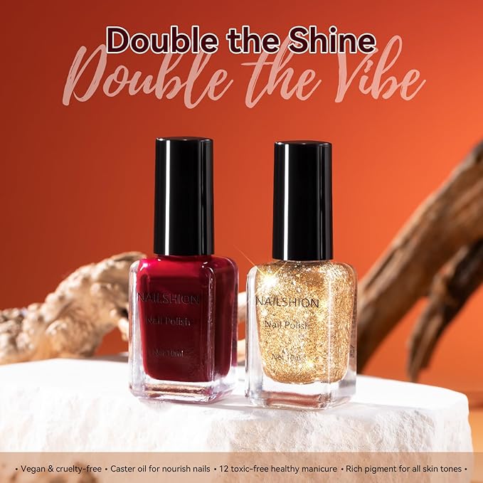 Wine Red Sparkle Champagne Nail Polish Duo, Fast Air Dry Burgundy Nail Polish, Opaque Dark Red, Non-Gel, Crème, Toxic-free Long Lasting Glossy Nails Art for Home DIY Manicure