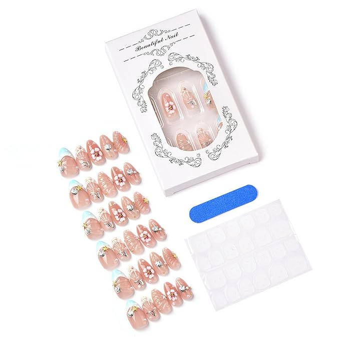 Press on Nails Medium Almond Fake Nails 3D French Artificial Nail Flowers and Pearl Charm Stick on Nail for Women 24pcs