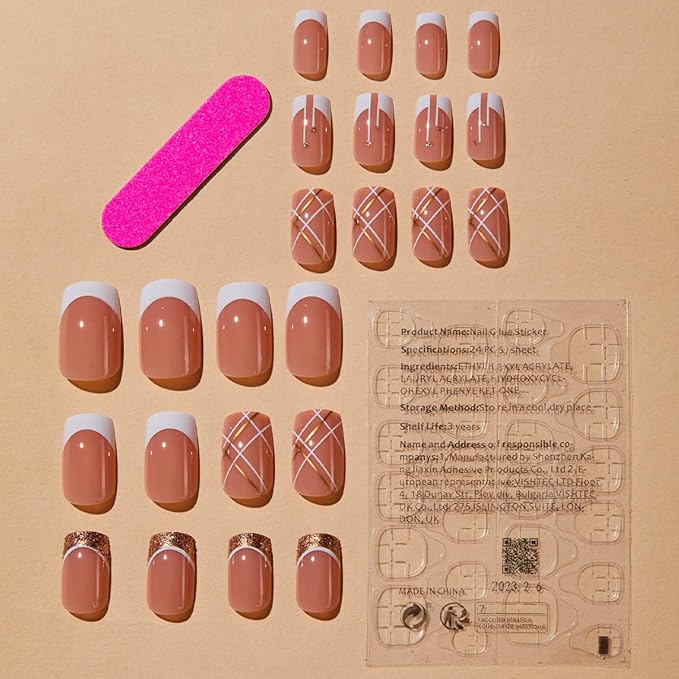 French Tip Press on Nails Medium Length Fake Nails Square Nails Press ons with Gold Glitter Design Reusable Artificial Nail Full Cover Glue on Nail Stick on Nails for Women Manicure 24Pcs