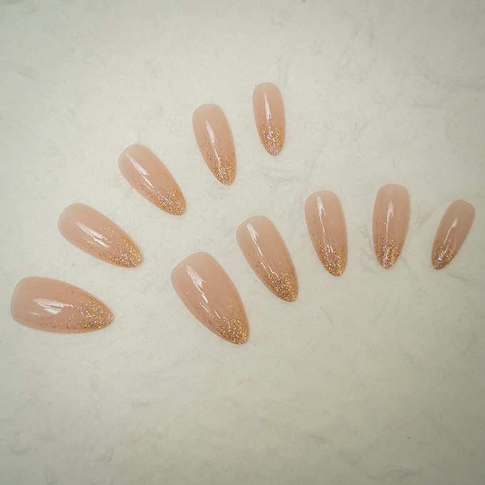 30Pcs Almond Press On Nails - Supremely Fit & Natural Soft Gel Almond Nails,15 Sizes, Reusable Fake Nails Kit with Gift Box for Women (Sparkle Nude)