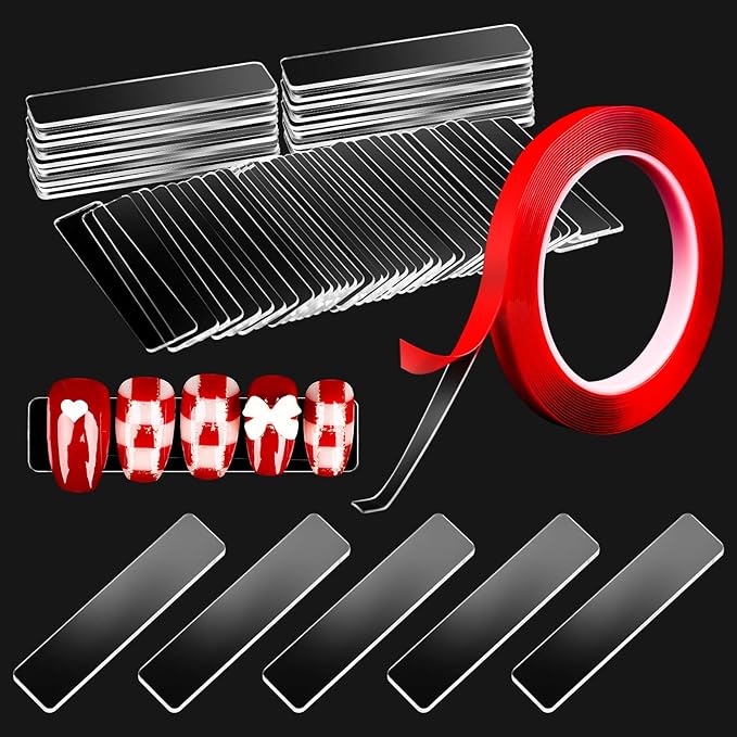 100Pieces Transparent Nail Display Stand Holder with 9.8ft Double Sided Tape Nail Boxes Packaging for Press On Nail Art Acrylic Fake Nail Tips Display Stand with Removable Mounting Tape for Nail Salon