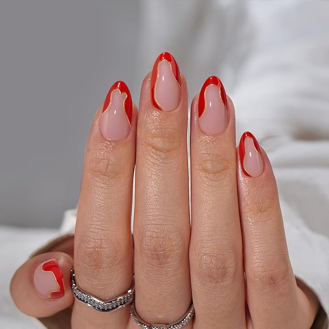 BTArtbox French Tip Press On Nails - Short Almond Red Press On Nails with Glue and Adhesive Tabs for Women in 16 Sizes - 32 Soft Gel Glue On Nails Kit, Wildfire Waves