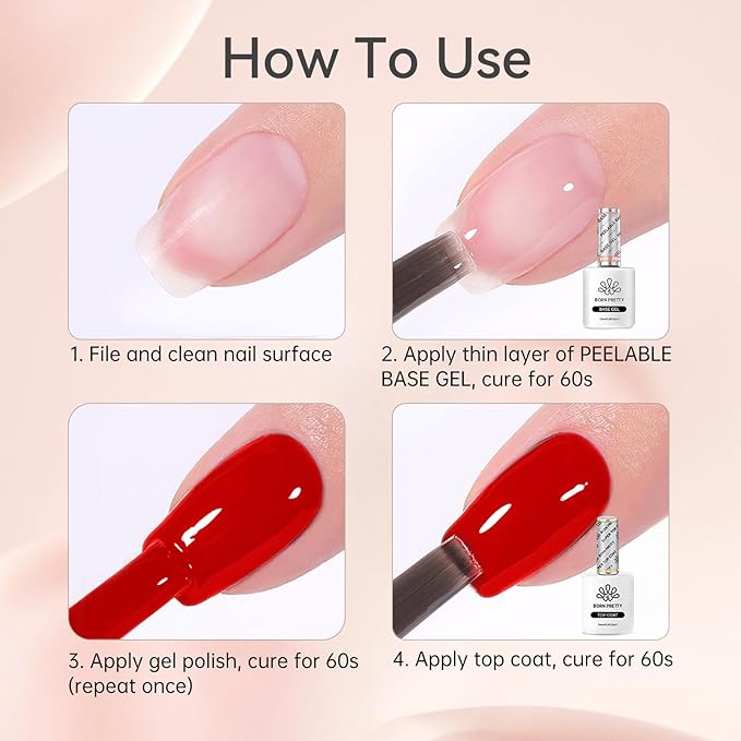 Born Pretty Peel Off Base Gel, Peelable Base Gel Coat for Gel Polish, Peelable Clear Foundation for Use with U V LED Nail Lamp, Nail Practice U V Nail Lamp Required Perfect for Beginners 15ML