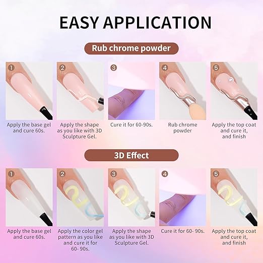 30g 3D Nail Gel and Chrome Powder Kit, Sculpting Gel Nail Art Glue for Art Designs DIY Craving Molding for Decoration Manicure Pedicure Use