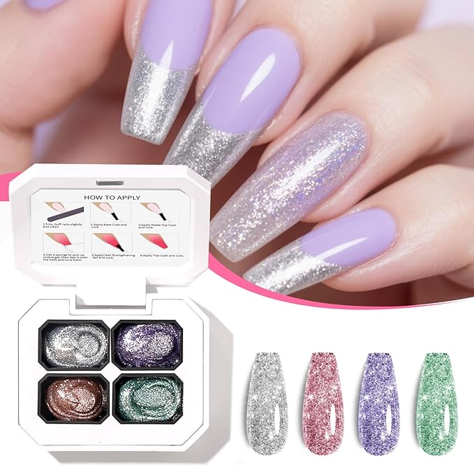 4 Colors Set Ombre Pat Gel Glitter Nail Polish Shine,Patting Painting Gradient Blooming Ombre Pigment Palette for Nail with 20Pcs Nail Sponges for Nail Art Ombre Pat Gel Nail Polish