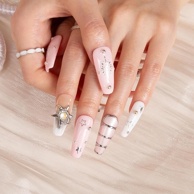 LOVFUL Press on Nails Stargaze | Handmade with Full Covered Crystals | Reusable Full Cover Nails | Coffin Classic Regular 1.3 in | H300-L