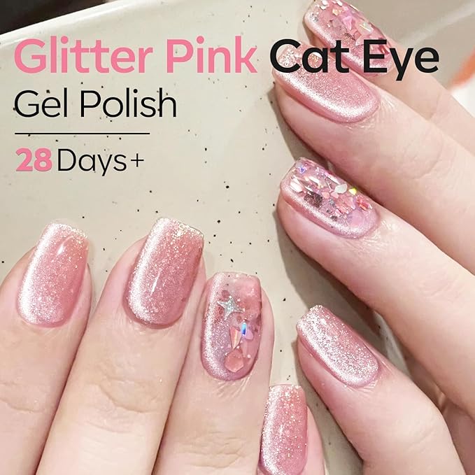modelones Pink Cat Eye Gel Nail Polish 9D Cateye with Magnet Valentine Nail Shimmer Soak Off Reflective Translucent Gel Magnetic Nail Polish 15 ML